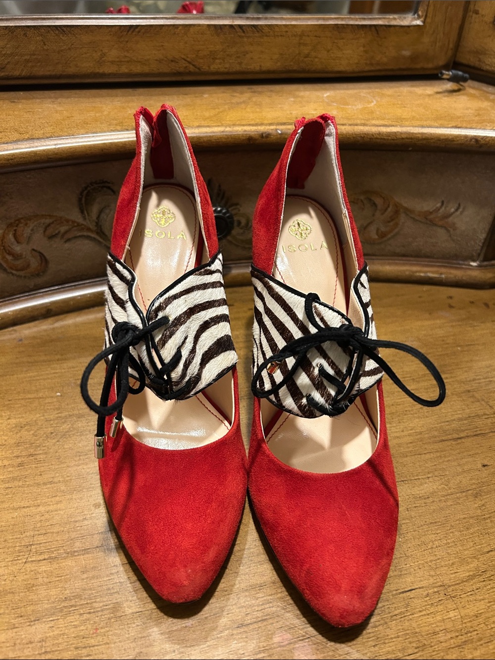 Isola Red Suede Pointed-Toe Heels with Zebra Accent and Black Lace
